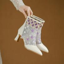Krazing Pot Cow Skin Pointed Toe Summer Boots Fashion Air Mesh Bling Patch Appliques High Heels Embroidery Ankle Boots 34 violetinė