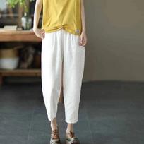 Literary Solid Color Casual Pants for Women Elastic Waist Slimming Casual Cropped Pants for Women Versatile Feet Drawstring Harem Pants for Women S