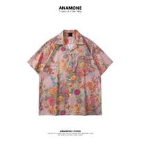 Bcbgh Hong Kong Style Retro Printed Shirt Short Sleeve Men's Loose Lovers Wild Hawaii Vacation Beach Cuban Collar Shirt M