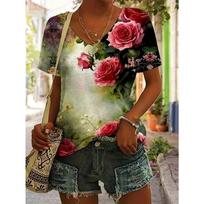Vibrant Floral Print Short Sleeve V Neck T-Shirt - Women's Leisure T-Shirts for Spring & Summer - Comfortable, XL
