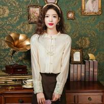 Women's Spring Retro Embroidered Chiffon Blouse with Frog Buttons and Stand Collar in Apricot Large abrikosas