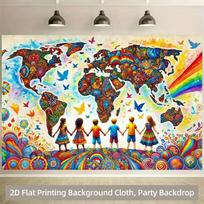 2D Colorful World Map Kids Holding Hands Photography Backdrop 47.2x31.5inch/120*80cm