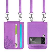 Samsung Galaxy Z Flip 4 3 dėklas gėlių rašto daugiafunkcinis kortelių skyrius piniginės laikiklis odinis dirželis sulankstomas smūgiams atsparus dangtelis For Samsung Z Flip 3 violetinė