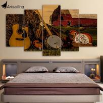 HD Printed 5 Piece Canvas Art Classical Guitar Painting Music Instrument Wall Pictures for Living Room 30x40cm*2  30x60cm*2  30x80cm*1 gray