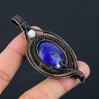 Beautiful Lapis Lazuli, Moonstone Gemstone Pure Copper Wire Wrapped Designer Handmade Pendant Jewelry Gift 3.15 Inches mėlyna