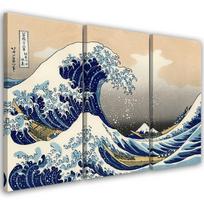 Trijų dalių paveikslo drobės spaudinys Hokusai Didžioji Banga prie Kanagavos 60x40 mėlyna