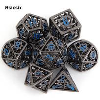 7 Pcs Black Blue Rotary Cyclone Metal Dice Hollow Metal Polyhedral Dice Set Suitable for Role-Playing RPG  Board Game Card Game mėlyna