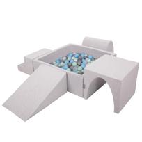 KiddyMoon putplasčio žaidimų aikštelė vaikams su kvadratine kamuoliuku (200 kamuoliukų Kamuoliai 7cm/2,75col), šviesiai pilka:Pearl/grey/transp/bblue/mint