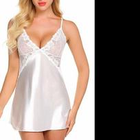 Moterų mados seksualus apatinis trikotažas Satin Chemise Silk Slip Sleepwear Nėriniai chalatai Suknelė Naktiniai drabužiai S balta