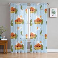 Hand -Painted Desert Camel Cactus Clouds Tulle Curtains For Living Room Bedroom Voile Sheer Curtain Window Home Decor Drapes 135W x 114H(cm)