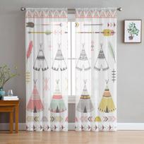 Tribal Teepee palapinės elementai Tiulio užuolaidos gyvenamojo kambario dekoravimui Šiuolaikinis šydas Šifono užuolaidos Miegamojo Permatomas Voile 135W x 114H(cm)
