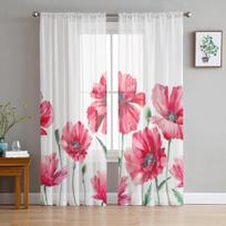 Poppy Flowers And Leaves Tulle Window Curtain For Living Room Bedroom Voile Sheer Curtains Kitchen Treatments Drapes 135W x 114H(cm) white