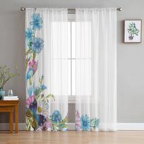 Wildflowers And Butterfly Sheer Curtains for Living Room Transparent Tulle Window Curtain Bedroom Kitchen Home Decor Veil Drapes 135W x 114H(cm) white