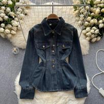 Women's Hong Kong Sle Retro Temperament Demin Shirt,  High Sense Gyaru, Washed Old Waist Hugging M