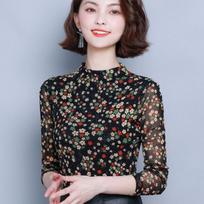 Spring Large Floral Mesh Backing Shirt Women's Long Sleeve Thin Yarn Shirt Western Style Shirt Slim Fit Top M