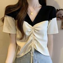 Large Size Retro Hong Kong Style Contrasting V-neck Short Sleeved T-shirt for Women's Summer Drawstring Top M