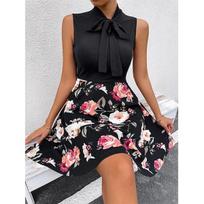 2022 Women's Summer Printed Short Skirt Bow Tie Dress Beach Party Dress 3XL juoda