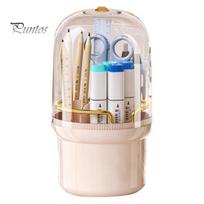 Cosmetics Brush Storage Bucket Space-saving Multi-slot Rotating Makeup Brush Holder with Lid for Home juoda