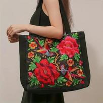 WTEMPO Flowers Birds Embroidery Canvas Tote Bag Ethnic Style Single Shoulder Bag Large Capacity Handbag Functional Shopping Bags for Women 36*9*36cm rožinė