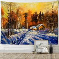 Kalėdinės eglutės sniego scena aliejumi tapytas gobelenas sienų dekoravimui, bohemiško stiliaus, hipiškas, psichodelinis, raganavimas, kambario namų dekoras 95x70cm