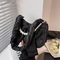 WTEMPO Pearls Bow Folds White Black Handbags Women Large Capacity Solid Color Single Shoulder Bags Casual Shopping Crossbody Bags 24.5*7*16.5cm balta