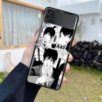 Prabangus dėklas Samsung Galaxy Z Flip 4 3 5G Juodas PC Kietas telefono dėklas Madingas galinis dangtelis ZFlip Funda Anime Grandininis pjūklas Žmogus Dėklas Samsung Z Flip 4 5G