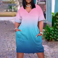 Summer Plus Size V Neck Short Sleeve Knee Pocket Gradient Print Casual Dress For  Women XL orange