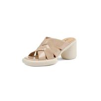 Krazing Pot Sheepskin Mules Peep Toe Thick Med Heels Summer Shoes Concise Design Platform Women Sandals 34 abrikosas