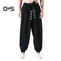 Vyriškos haremo kelnės su diržu, elastingu juosmeniu, retro kinų stiliaus siuvinėjimu, laisvos, klostuotos, vienspalvės, su raišteliais ties kulkšnimis, ilgos kelnės L juoda