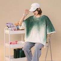 Ladies' Green Watercolor Printing T-shirt  Summer Rabbits Printed Long Thin Tops Round Neck Short Sleeve Loose Tees M žalia