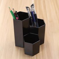 Pen Holder Hexagon Desk Holder Stand 3 Slot Pen Cup Makeup Pot Box Stationery Organizer for Home Office School Black black