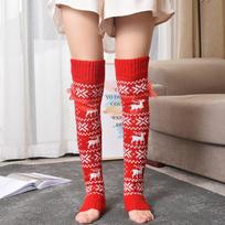 Women Christmas Elk Knitted Stockings Winter  High Over The Knee Socks pilka spalva