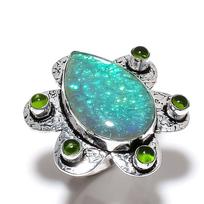 Natural Green Triplet Opal, Peridot Gemstone 925 Sterling Silver Ring S.10 S9U07 blue