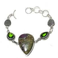 Ruby Fuchsite,Peridot Lab-Created Handmade 925 Sterling Silver Bracelet 8  m7P93 gray