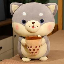 Kawaii Shiba Inu Dog Holding Bubble Tea Cup Plush Toys Stuffed Soft Animal Pillow Dolls for Girls Birthday Gifts 20cm pilka spalva