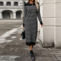 Ladies Fashion New Slim Fit Color Sweater Striped Long Skirt Fashionable Autumn And Winter Dress XL juoda