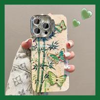 with Invisible lens bracket protective film Phone Case For iPhone 15 14 Plus 11 12 13 Pro Max 12pro 14pro Green Bamboo Butterfly Pattern Back Cover for iphone 11 žalia