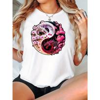 Vibrant Dragon Print Short Sleeve Crew Neck T-Shirt - Soft Cotton, Regular Fit, Micro Elasticity, Machine Washable - Casual Womens Summer Top S balta