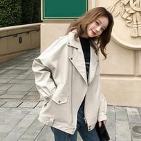 New loose lapel jacket motorcycle parka short women's leather jacket XL black