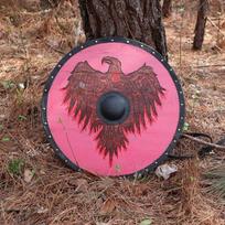 Rankų darbo funkcionuojantis kostiumas su graviravimu - Medinis apvalus skydas su Asgardo sparnų tapyba pink