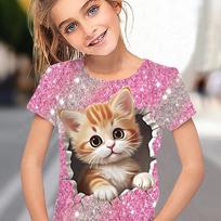 Vibrant Cartoon Cat Graphic Crew Neck Short Sleeve T-Shirt - Colorful Gradient Summer Gift for Girls Tee 100