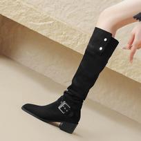 Krazing Pot Microfiber Flock Autumn Winter Shoes Thick Med Heels Riding Boots Rivets Square Toe Keep Warm Over-the-knee Boots 34