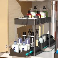 TEMU Pull-Out Storage Rack: Kitchen Sink & Bathroom Organizer Black