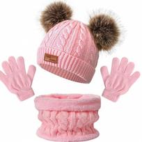 Vaikiškos megztos šiltos kepurės su 1 pora pirštinių ir šalikųŠilta žiema One Size pink