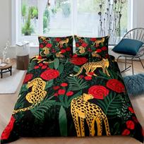2/3pc Leopard Bedding Set Tropical Leaves Floral Print Duvet Cover Set (Duvet Cover+Pillowcase) Botanical Animal Comforter Cover 90X200cm 2PCS