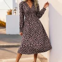 Spring and Autumn Leopard Print Long Sleeve Dress Temperament Commuter High Waist V-Neck Women's Long Dresses S rožinė