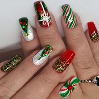 Sparkling Christmas Press 24pcs-On Nails Set - Red & Green Striped, Medium Ballet Shape With Glitter Accents, Includes Jelly Adhesive & Nail File Imported ABS gray