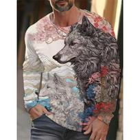 men's Ukiyoe long-sleeved T-shirt 3d printed high-definition wolf print men's autumn top casual round neck T-shirt L gray