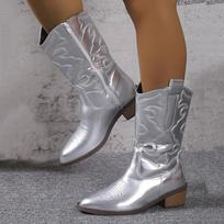 Gold Silver Western Cowboy Boots Women Fashion Slip On Embroidered Mid Calf Botas Woman Thick Heels Pu Leather Booties 43 36 gray
