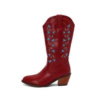 Russia Special Offer  Women's Embroidered Western Cowboy Boots Retro Chunky High Heels Slip on Cowgirl Mid-calf Boots 34-48 35 brown
